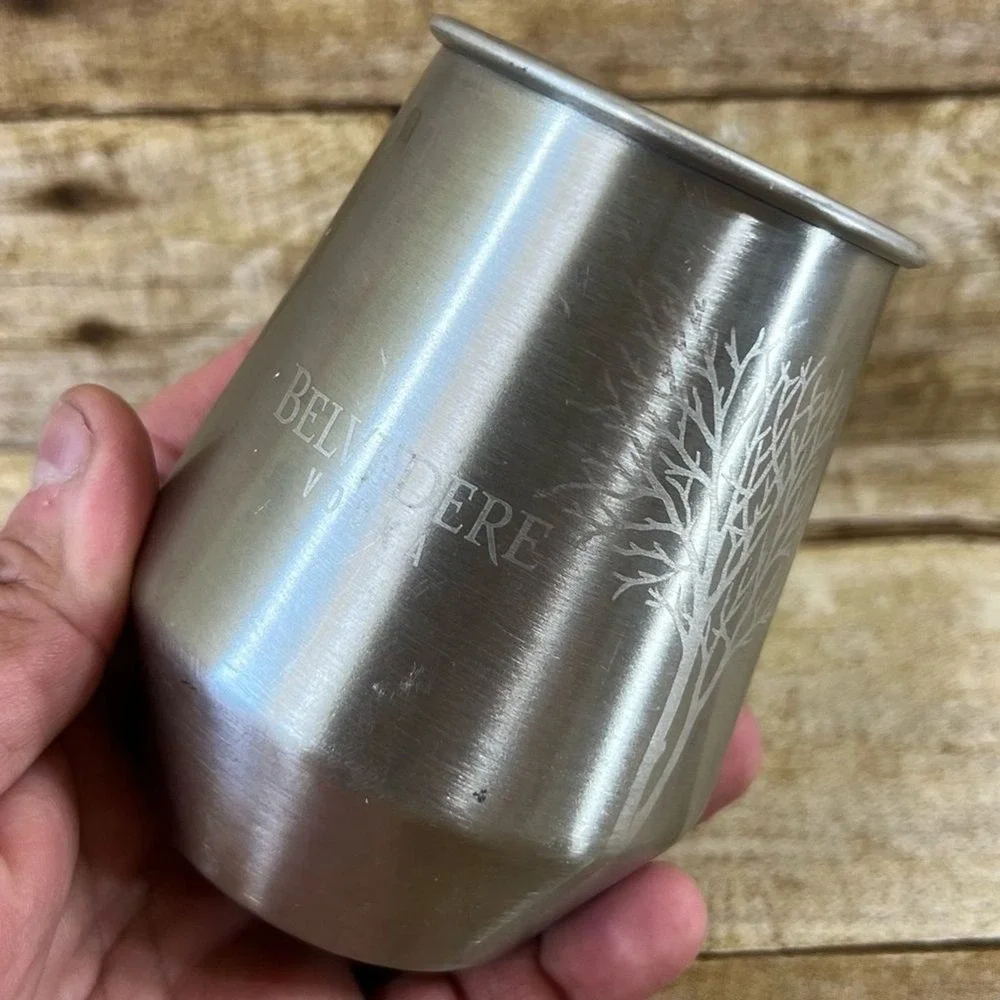 Belvedere Vodka Stainless Steel Stemless Tumbler Cup Silver Tree Logo Etched Bar
